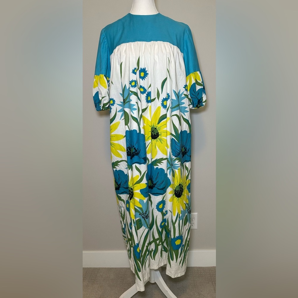 Unique Vintage Handmade Floral Maxi Dress Blue Yellow Boho Cottagecore Prairie - Picture 15 of 16